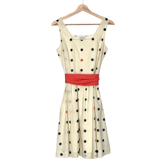 Garnet Hill A-Line Polka Dot Sleeveless Dress w/Tie Belt in Cream Size 6 - Picture 4 of 13